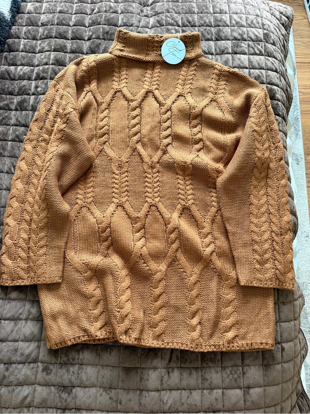 Mock Neck Cable Knit Mini Dress in Camel